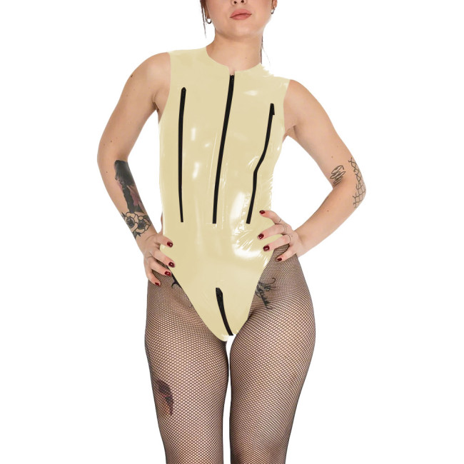 Wetlook Chest Zipper Sexy Tank Bodysuit Womens Zipper Open Crotch Tights PVC Leather Romper Exotic Lingerie Unitard Clubwear
