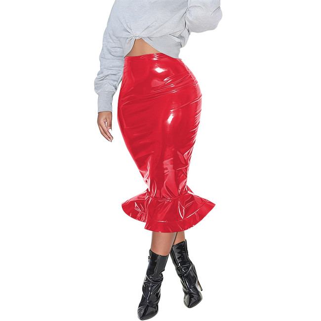 Womens Bodycon Zipper Mermaid Skirt PVC Faux Leather Solid Color Ruffles Hem Midi Skirt Club High Waisted Straight Tight Skirt