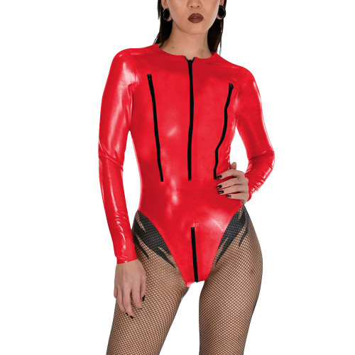 Porno PVC Glossy Leather Bodysuit Sexy Zipper Open Breast Teddies Wetlook Clubwear Lingerie Long Sleeve Zip Crotchless Rompers