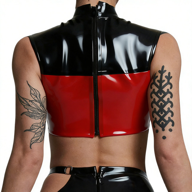 Plus Size Punk PVC Wetlook Leather Cropped Tops Glossy Patchwork Vests Back Zipper Slim Fit Tank T-shirt Pole Dance Clubwear