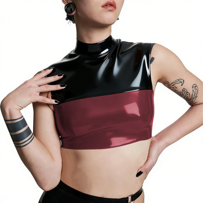 Plus Size Punk PVC Wetlook Leather Cropped Tops Glossy Patchwork Vests Back Zipper Slim Fit Tank T-shirt Pole Dance Clubwear