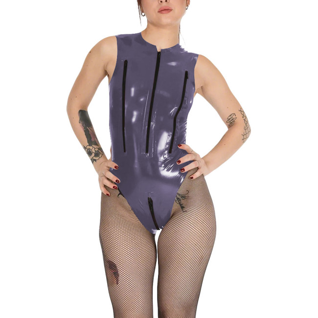 Wetlook Chest Zipper Sexy Tank Bodysuit Womens Zipper Open Crotch Tights PVC Leather Romper Exotic Lingerie Unitard Clubwear