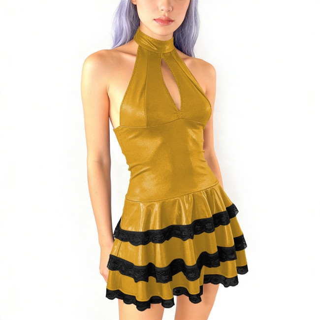 Sexy Pleated Mini Evening Dress Womens Goth Sleeveless Short Prom Dress Halter Collar Backless Cocktail Party Dress Pole Dance