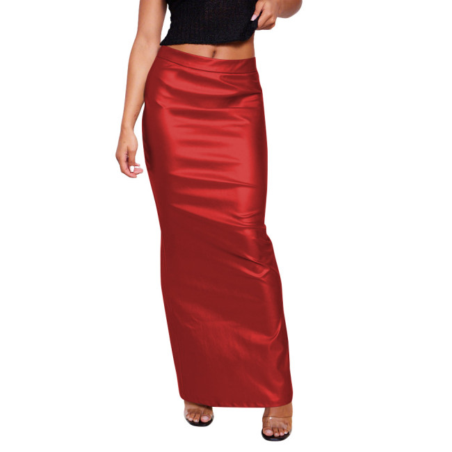 Matte PU Leather Long Pencil Skirts Plus Size Solid Color Maxi Skirt Women's Trendy Wrap Slit Back Skirt Streetwear Club Outfits
