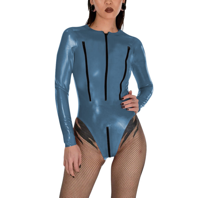 Porno PVC Glossy Leather Bodysuit Sexy Zipper Open Breast Teddies Wetlook Clubwear Lingerie Long Sleeve Zip Crotchless Rompers