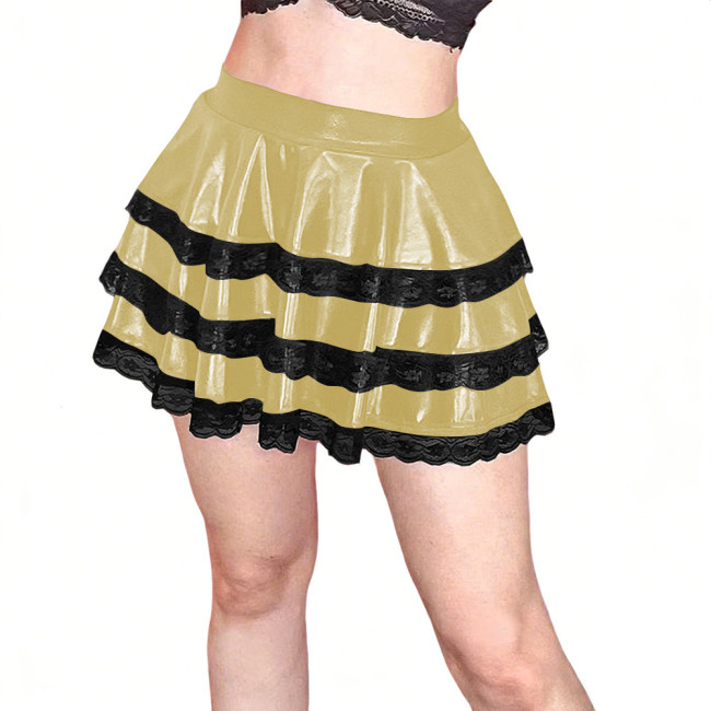 Plus Size Lace Trim Tiered Mini Skirt  Sweet Lolita Shiny Metallic A-Line Tutu Skirt Preppy Style High Waisted Short Cake Skirts