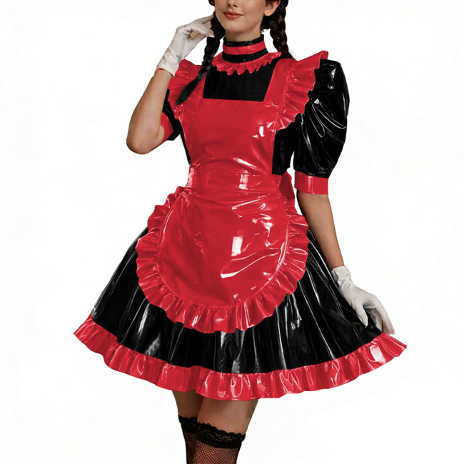 Shiny PU Leather Anime Maid Uniforms Lockable Role Play Mini Pleated Maid Dress with Apron Sissy Ball Gown Party Cosplay Outfits