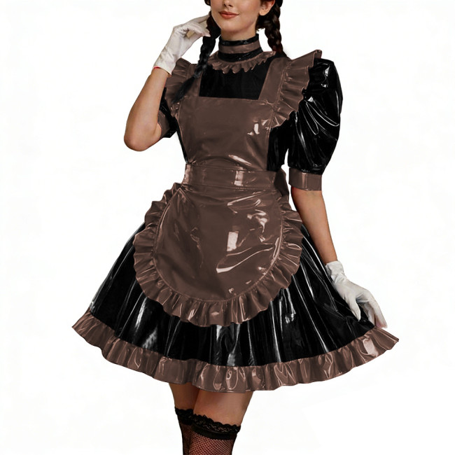 Shiny PU Leather Anime Maid Uniforms Lockable Role Play Mini Pleated Maid Dress with Apron Sissy Ball Gown Party Cosplay Outfits