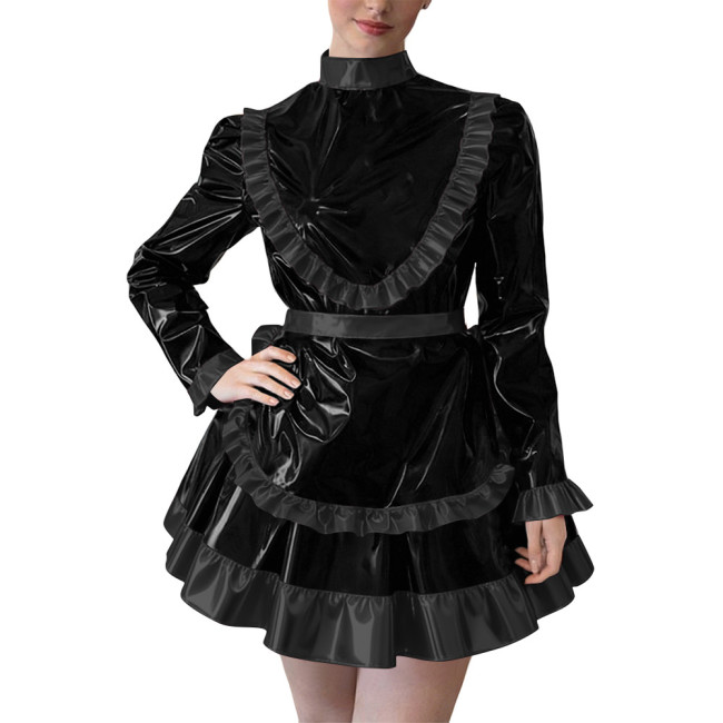 Party Cross Dressing Lolita Mini Maid Dresses Sissy Maid Long Sleeve Ruffles Glossy PVC Dress Halloween Cosplay Maid Outfits 7XL