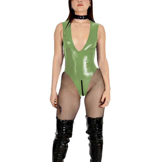 Sexy Vinyl PVC Leather Bodysuit Women's V-neck High Cut Tight Leotard Wetlook Sleeveless Zipper Crotch Teddies Pole Dance Romper