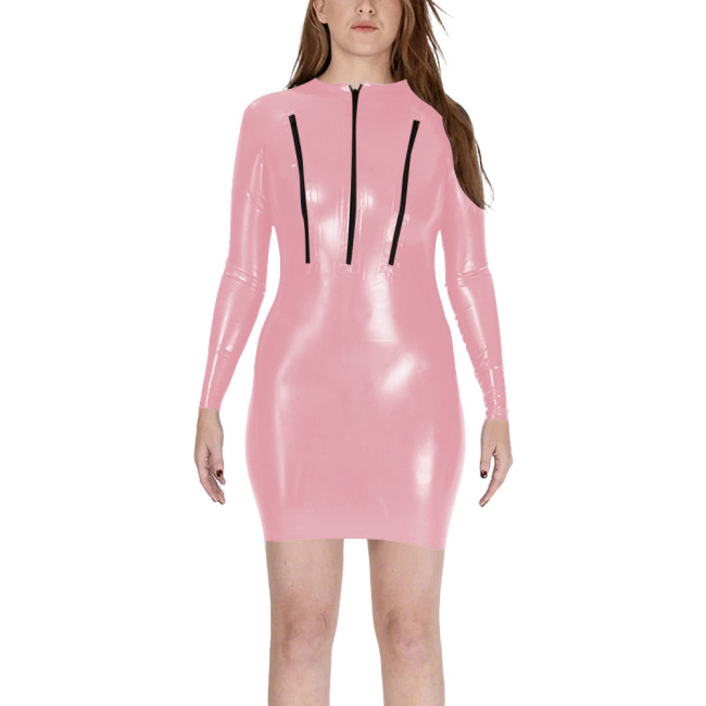 Sexy Zipper Chest Bodycon Mini Dress Womens Club Sheath Long Sleeve PVC Shiny Tight Dresses Wetlook Patent Leather Vestidos