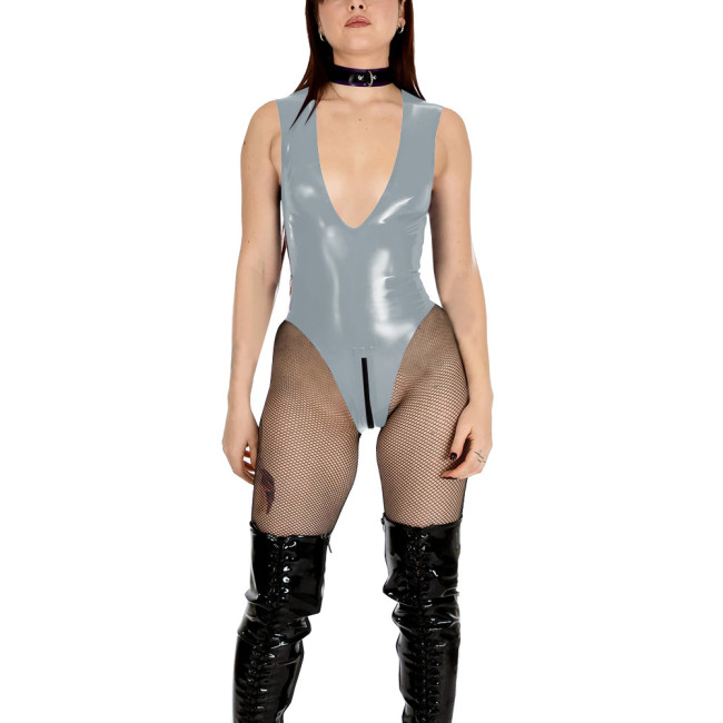 Sexy Vinyl PVC Leather Bodysuit Women's V-neck High Cut Tight Leotard Wetlook Sleeveless Zipper Crotch Teddies Pole Dance Romper