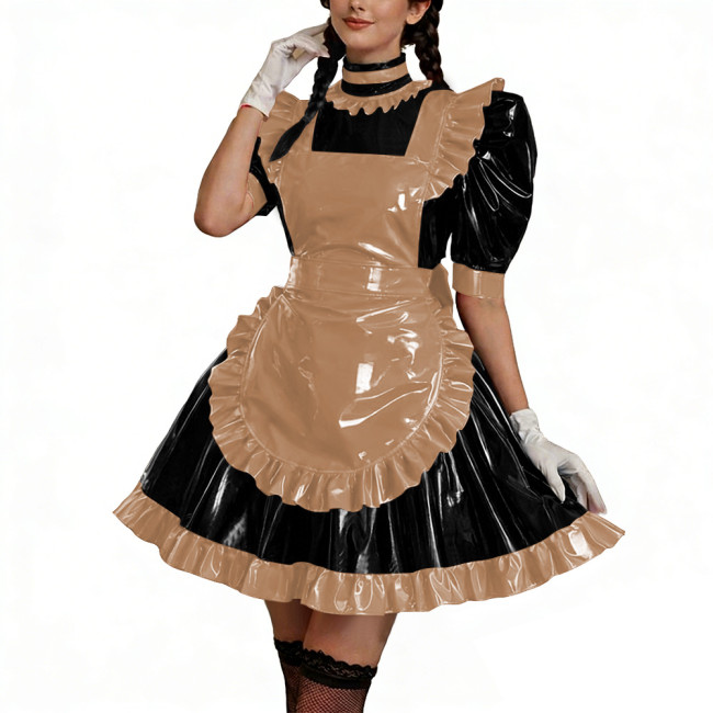 Shiny PU Leather Anime Maid Uniforms Lockable Role Play Mini Pleated Maid Dress with Apron Sissy Ball Gown Party Cosplay Outfits