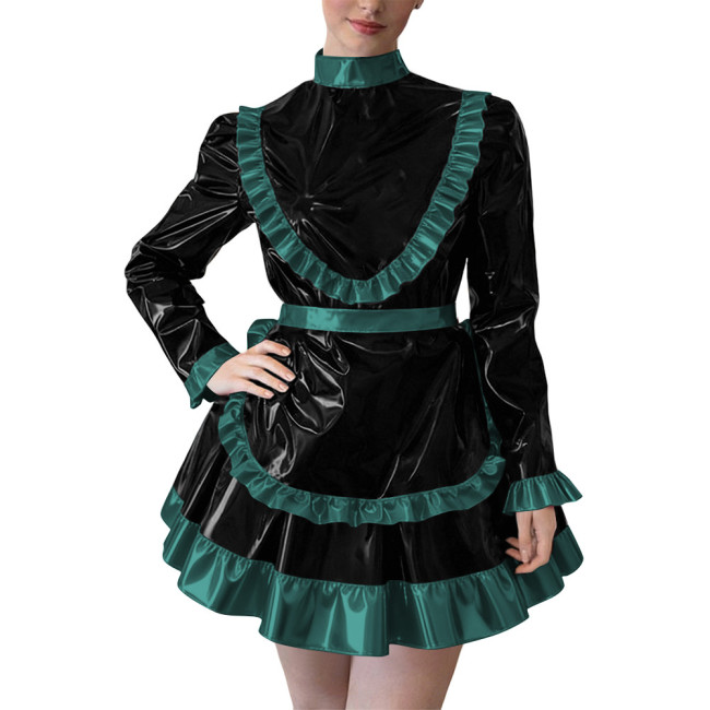 Party Cross Dressing Lolita Mini Maid Dresses Sissy Maid Long Sleeve Ruffles Glossy PVC Dress Halloween Cosplay Maid Outfits 7XL