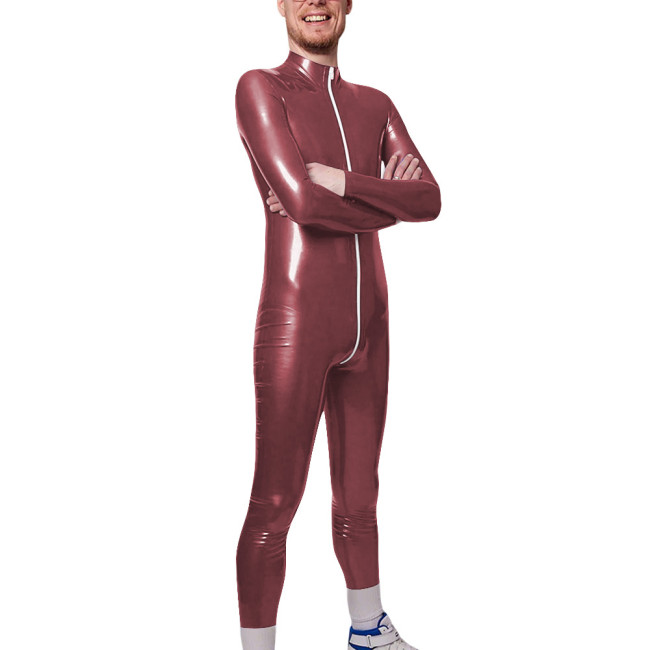 Long Sleeve Zipper Open Crotch Catsuits for Mens PVC Glossy Leather Club Leotard High Neck Fetish Party Cosplay Male Bodysuit