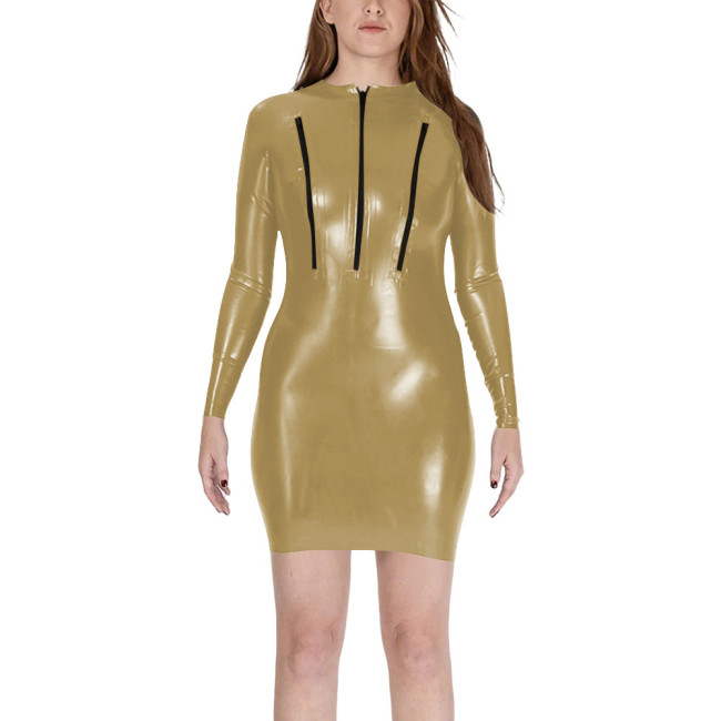 Sexy Zipper Chest Bodycon Mini Dress Womens Club Sheath Long Sleeve PVC Shiny Tight Dresses Wetlook Patent Leather Vestidos