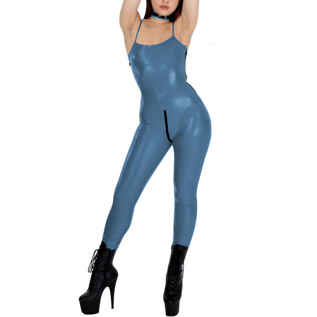 Womens Glossy PVC Leather Spaghetti Straps Catsuit Sleeveless Club Jumpsuit Zipper Full Length Leotard Rave Dance Party Bodysuit
