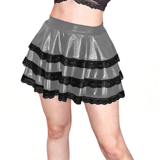 Plus Size Lace Trim Tiered Mini Skirt  Sweet Lolita Shiny Metallic A-Line Tutu Skirt Preppy Style High Waisted Short Cake Skirts