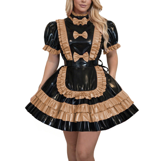 French Lolita Fetish Crossdressing Maid Uniforms Lockable Sissy High Neck Apron Pleated Mini Maid Dress for Theme Party Cosplay