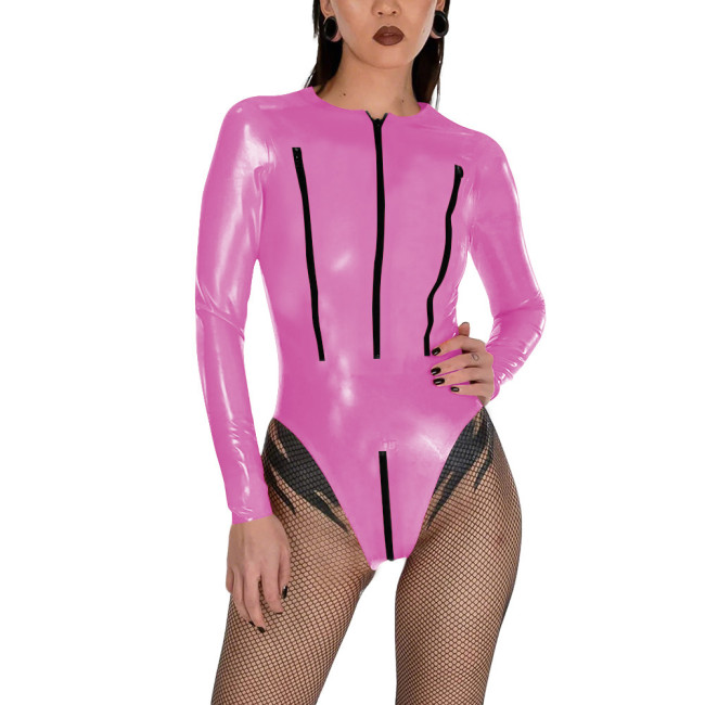 Porno PVC Glossy Leather Bodysuit Sexy Zipper Open Breast Teddies Wetlook Clubwear Lingerie Long Sleeve Zip Crotchless Rompers