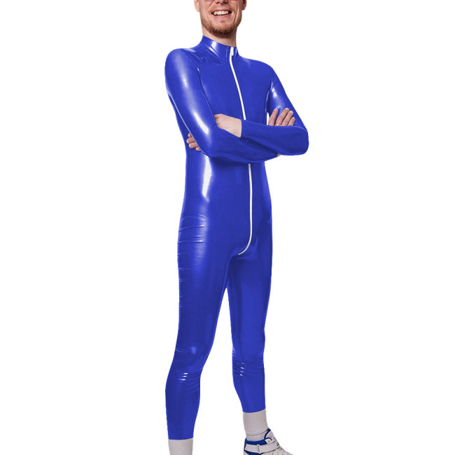Long Sleeve Zipper Open Crotch Catsuits for Mens PVC Glossy Leather Club Leotard High Neck Fetish Party Cosplay Male Bodysuit