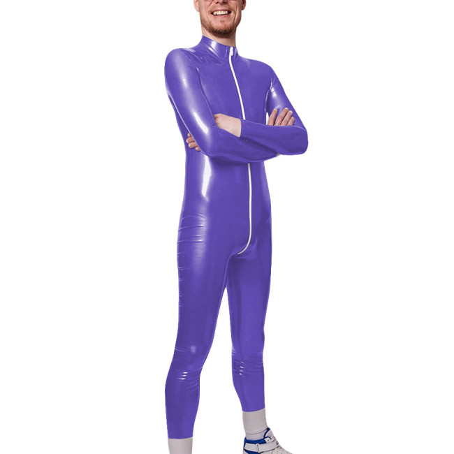 Long Sleeve Zipper Open Crotch Catsuits for Mens PVC Glossy Leather Club Leotard High Neck Fetish Party Cosplay Male Bodysuit