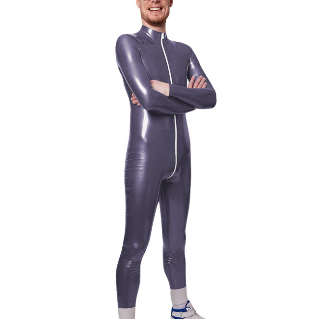 Long Sleeve Zipper Open Crotch Catsuits for Mens PVC Glossy Leather Club Leotard High Neck Fetish Party Cosplay Male Bodysuit