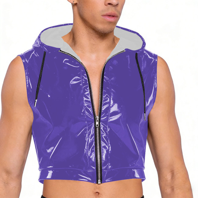 Wet Look PVC Leather Crop Tops for Mens Shiny Vinyl Leather Zipper Tank Vest Male Pole Dance Clubwear Croptop Cropped Jackets