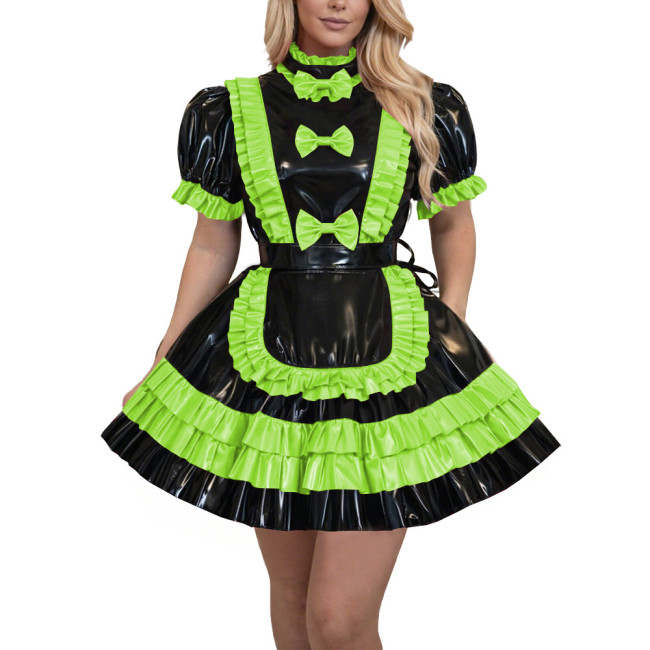 French Lolita Fetish Crossdressing Maid Uniforms Lockable Sissy High Neck Apron Pleated Mini Maid Dress for Theme Party Cosplay