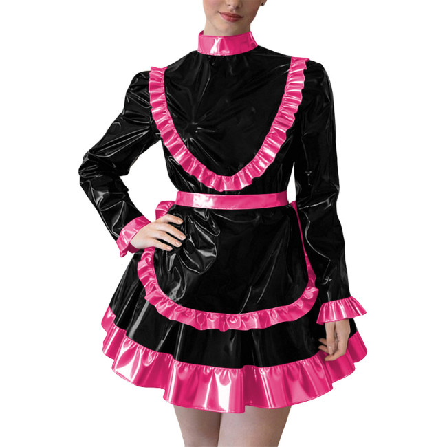 Party Cross Dressing Lolita Mini Maid Dresses Sissy Maid Long Sleeve Ruffles Glossy PVC Dress Halloween Cosplay Maid Outfits 7XL