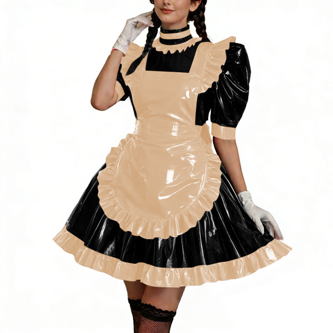 Shiny PU Leather Anime Maid Uniforms Lockable Role Play Mini Pleated Maid Dress with Apron Sissy Ball Gown Party Cosplay Outfits