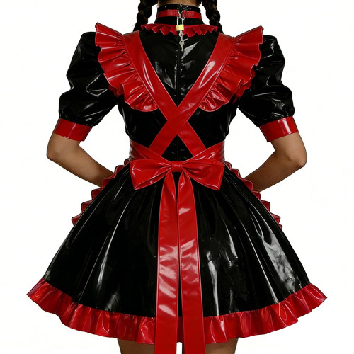 Shiny PU Leather Anime Maid Uniforms Lockable Role Play Mini Pleated Maid Dress with Apron Sissy Ball Gown Party Cosplay Outfits