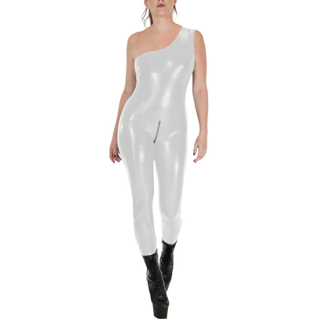 Fashion Sleeveless Wet Look PVC Catsuit Vinyl Faux Leather One Shoulder Rompers Zipper Open Crotch Tights Hot Leotard Jumpsuit
