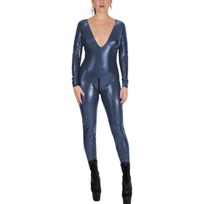 V-neck Zipper Open Crotch Wet Look PVC Catsuit Womens Party Shiny PU Leather Bodysuit Cospaly Tight Leotard Long Sleeve Jumpsuit