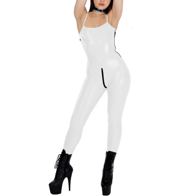 Womens Glossy PVC Leather Spaghetti Straps Catsuit Sleeveless Club Jumpsuit Zipper Full Length Leotard Rave Dance Party Bodysuit