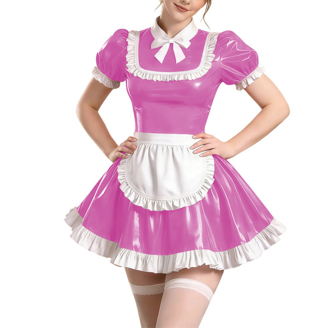 Sissy Short Sleeve Maid Uniform Lolita Pleated Cosplay Evening Dress Anime Bow Shiny PVC Mini Maid Dress with Apron Halloween