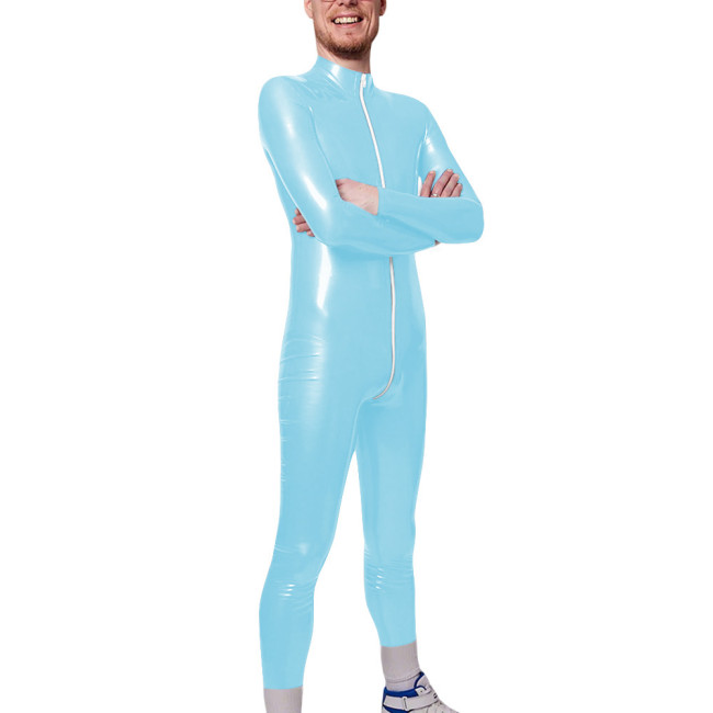 Long Sleeve Zipper Open Crotch Catsuits for Mens PVC Glossy Leather Club Leotard High Neck Fetish Party Cosplay Male Bodysuit