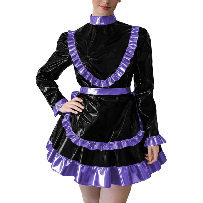 Party Cross Dressing Lolita Mini Maid Dresses Sissy Maid Long Sleeve Ruffles Glossy PVC Dress Halloween Cosplay Maid Outfits 7XL