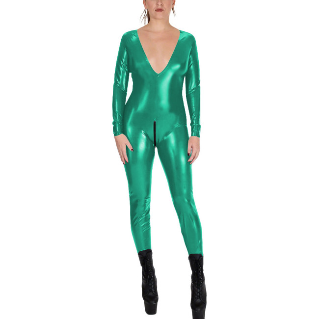 V-neck Zipper Open Crotch Wet Look PVC Catsuit Womens Party Shiny PU Leather Bodysuit Cospaly Tight Leotard Long Sleeve Jumpsuit