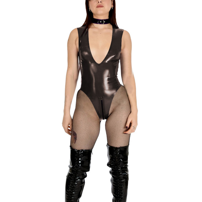 Sexy Vinyl PVC Leather Bodysuit Women's V-neck High Cut Tight Leotard Wetlook Sleeveless Zipper Crotch Teddies Pole Dance Romper