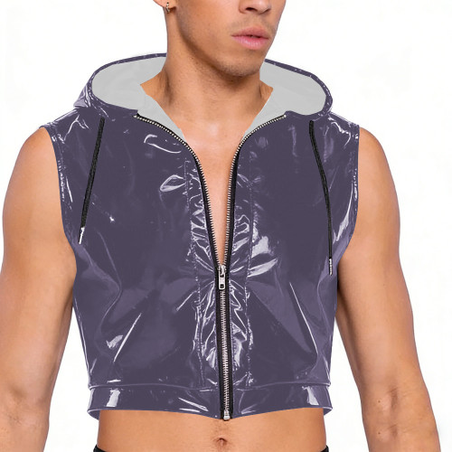 Wet Look PVC Leather Crop Tops for Mens Shiny Vinyl Leather Zipper Tank Vest Male Pole Dance Clubwear Croptop Cropped Jackets