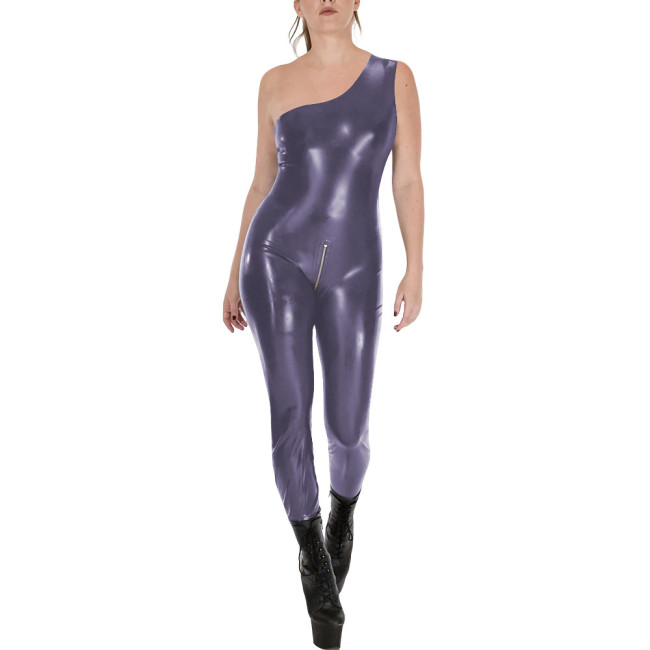 Fashion Sleeveless Wet Look PVC Catsuit Vinyl Faux Leather One Shoulder Rompers Zipper Open Crotch Tights Hot Leotard Jumpsuit