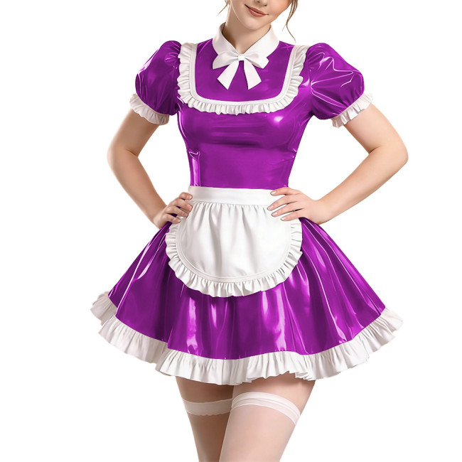 Sissy Short Sleeve Maid Uniform Lolita Pleated Cosplay Evening Dress Anime Bow Shiny PVC Mini Maid Dress with Apron Halloween