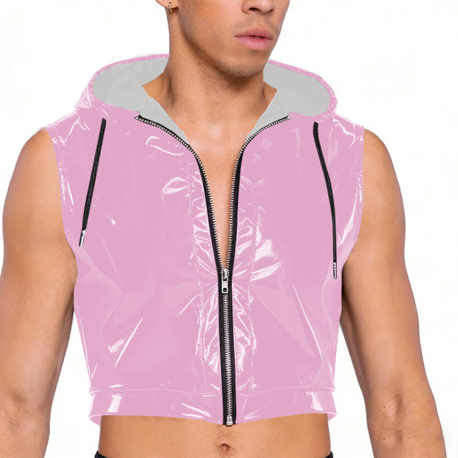 Wet Look PVC Leather Crop Tops for Mens Shiny Vinyl Leather Zipper Tank Vest Male Pole Dance Clubwear Croptop Cropped Jackets