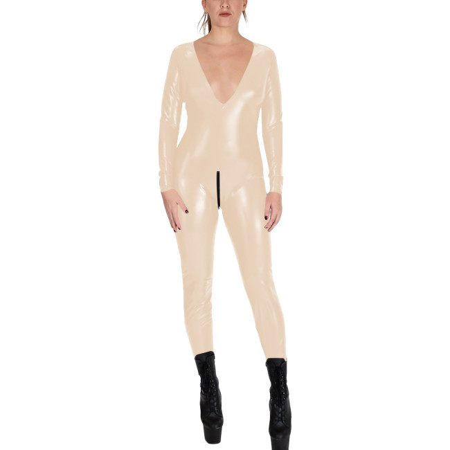 V-neck Zipper Open Crotch Wet Look PVC Catsuit Womens Party Shiny PU Leather Bodysuit Cospaly Tight Leotard Long Sleeve Jumpsuit