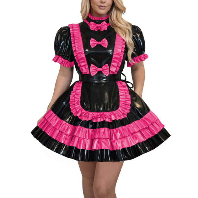 French Lolita Fetish Crossdressing Maid Uniforms Lockable Sissy High Neck Apron Pleated Mini Maid Dress for Theme Party Cosplay