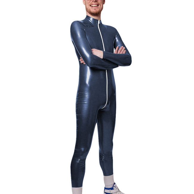Long Sleeve Zipper Open Crotch Catsuits for Mens PVC Glossy Leather Club Leotard High Neck Fetish Party Cosplay Male Bodysuit