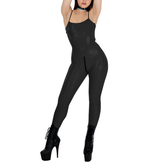 Womens Glossy PVC Leather Spaghetti Straps Catsuit Sleeveless Club Jumpsuit Zipper Full Length Leotard Rave Dance Party Bodysuit