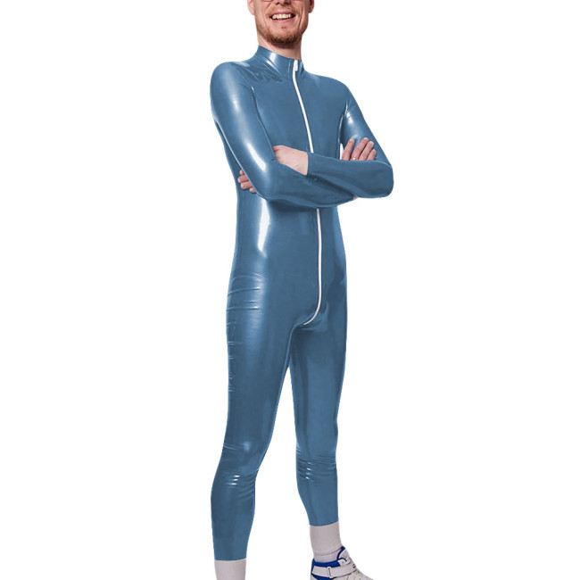 Long Sleeve Zipper Open Crotch Catsuits for Mens PVC Glossy Leather Club Leotard High Neck Fetish Party Cosplay Male Bodysuit