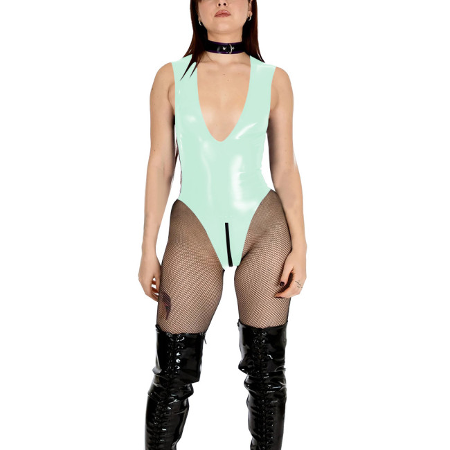 Sexy Vinyl PVC Leather Bodysuit Women's V-neck High Cut Tight Leotard Wetlook Sleeveless Zipper Crotch Teddies Pole Dance Romper
